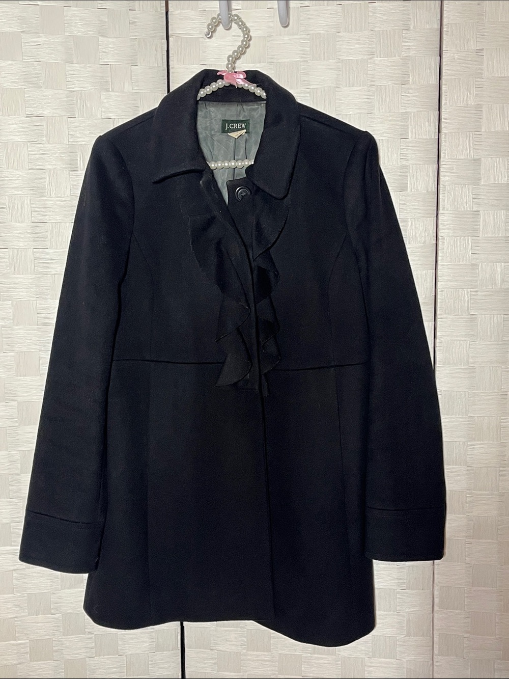 J. Crew Black Ruffle-Front side pockets Pea Coat Wool Size 8